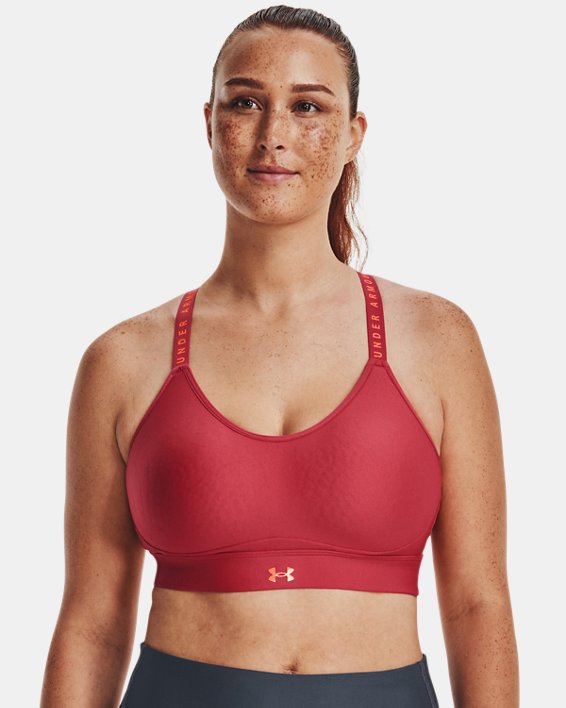 Women's UA Infinity Low Covered Sports Bra, Red, pdpMainDesktop image number 3